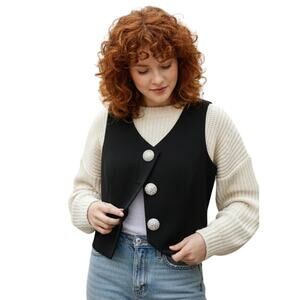 MAJORELLE Black Brooke Top Cropped Sparkly Rhinestone Buttons Casual S